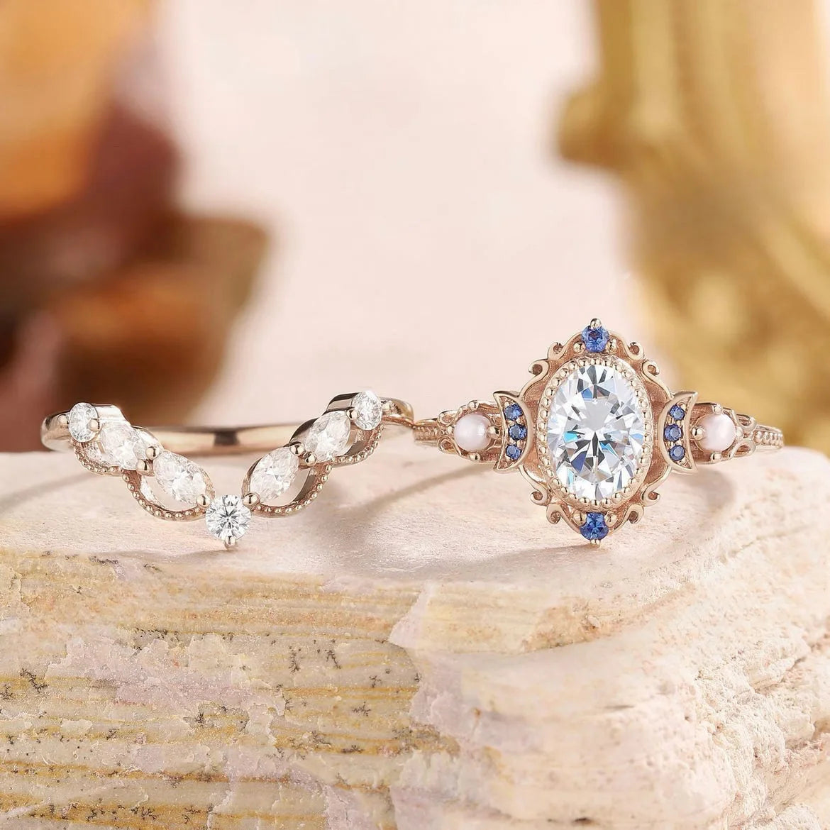 2Pcs/Set Rose Gold Color Rhinestone Zircon Ring