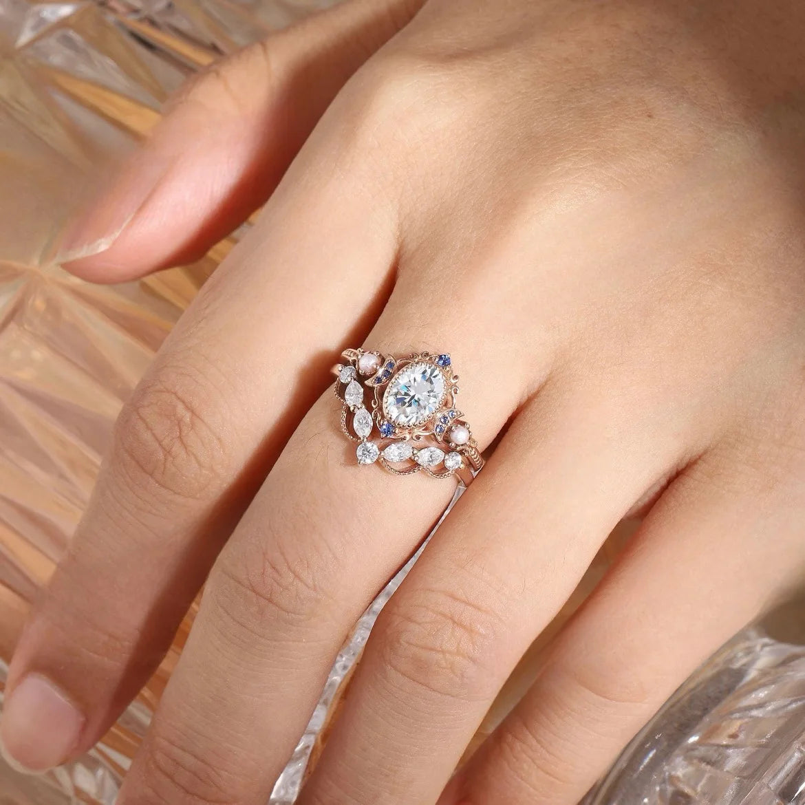 2Pcs/Set Rose Gold Color Rhinestone Zircon Ring