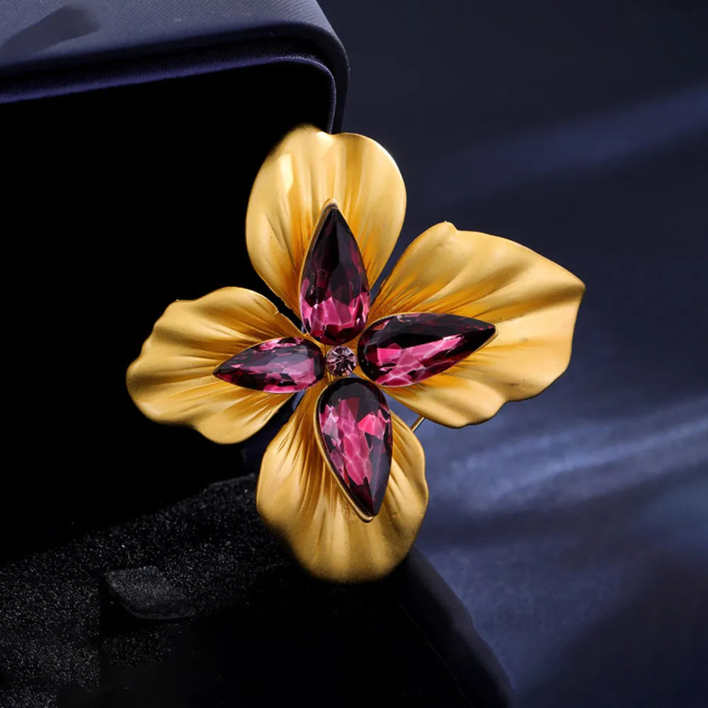 Four Petal Flower Brooch With Crystals