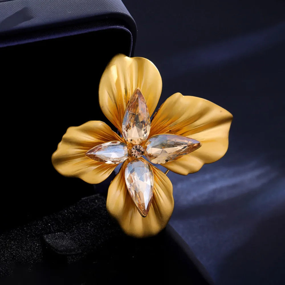 Four Petal Flower Brooch With Crystals