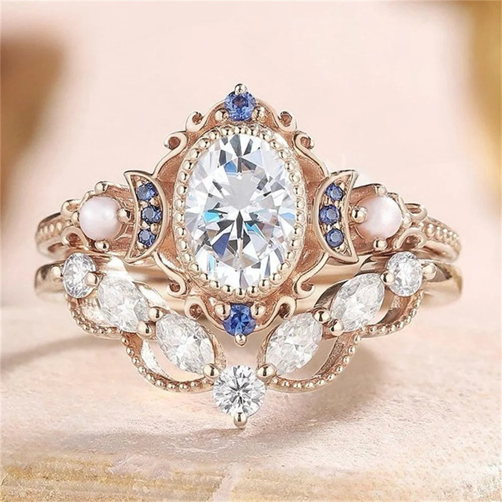 2Pcs/Set Rose Gold Color Rhinestone Zircon Ring
